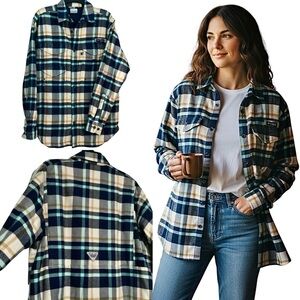 Columbia PFG Blue Plaid Cotton Flannel Button-Up Shirt Jacket Men’s Size Medium